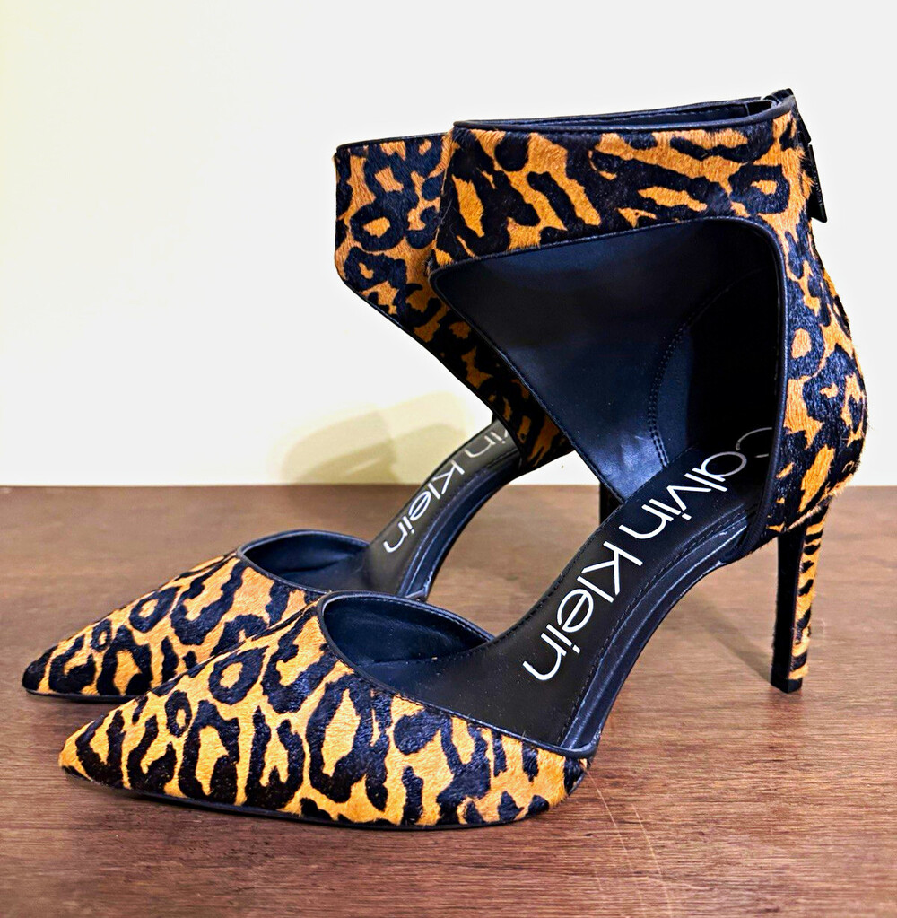 Calvin Klein Rajon Leopard Print Pumps d'Orsay Anklet Heels Size 9.5M